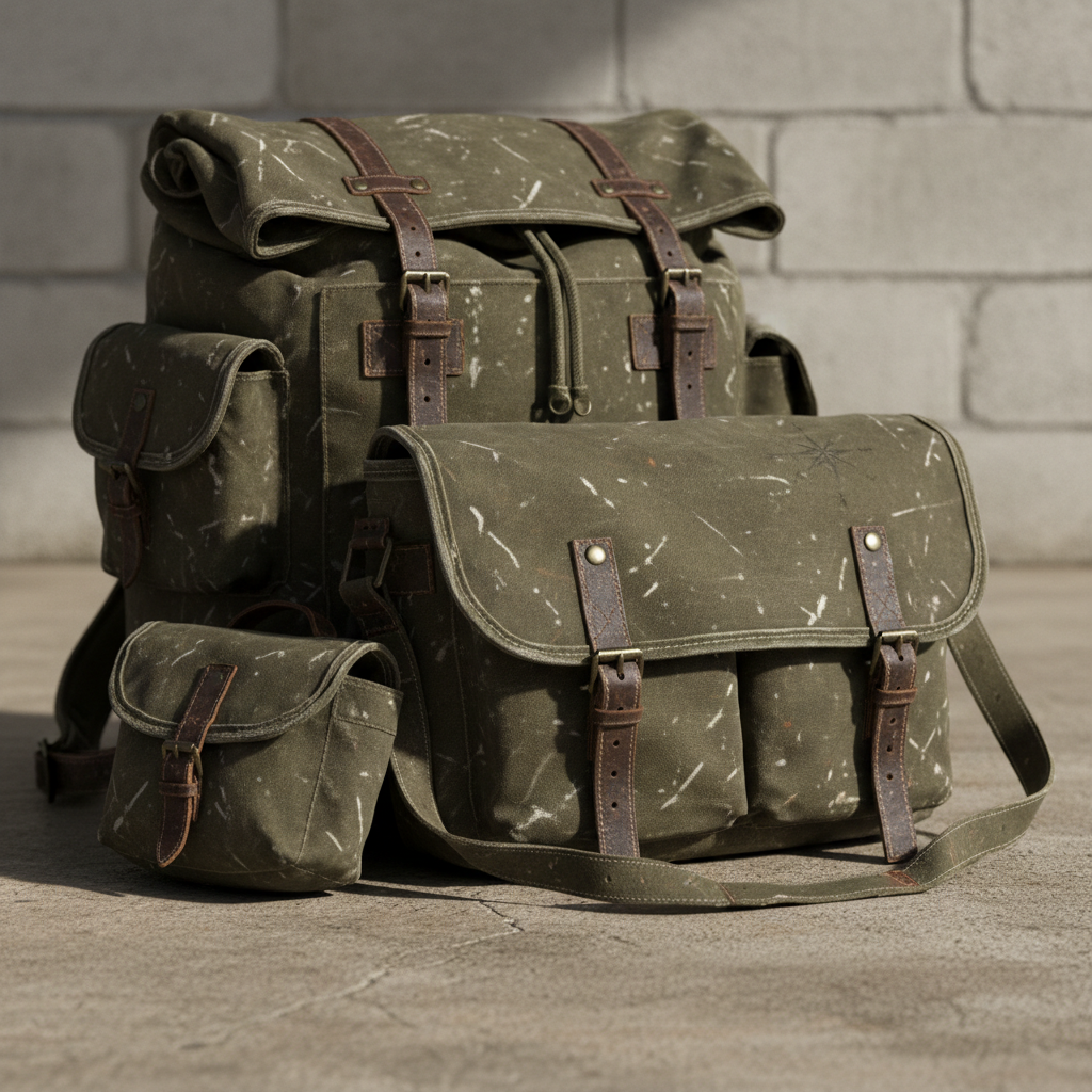 Weathered military surplus canvas fabric with visible wear marks and original brass hardware