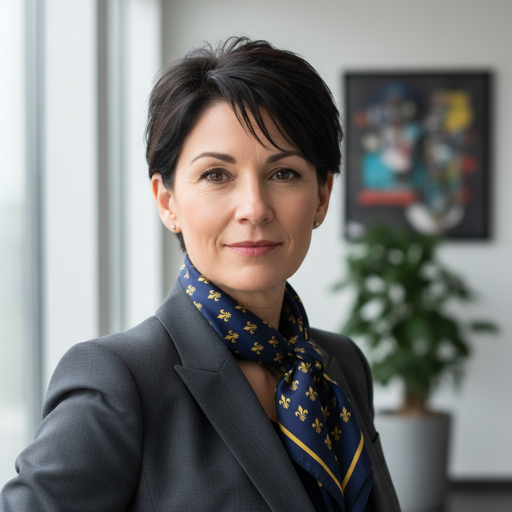 French professional woman in her 30s, stylish, confident, bright office background