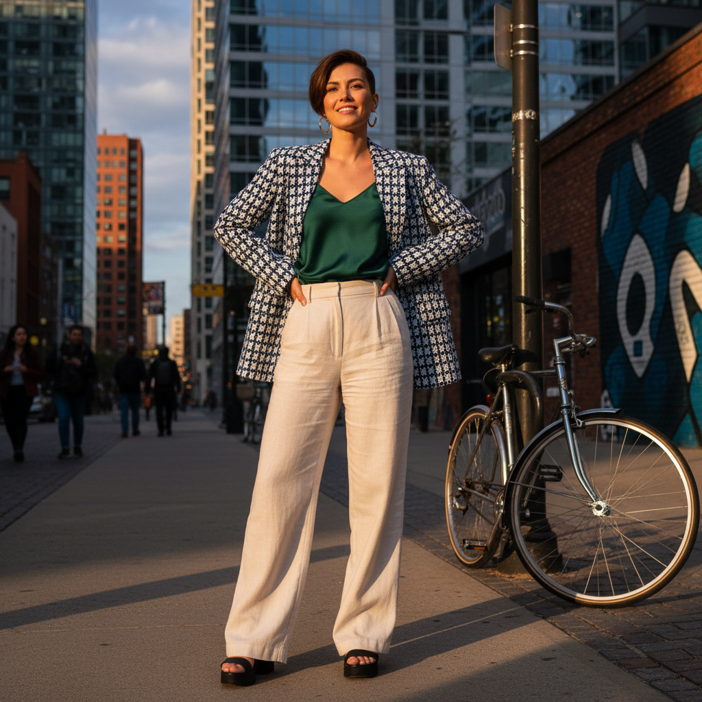 Urban street style young woman in oversized jacket and wide leg trousers on city sidewalk, natural daylight