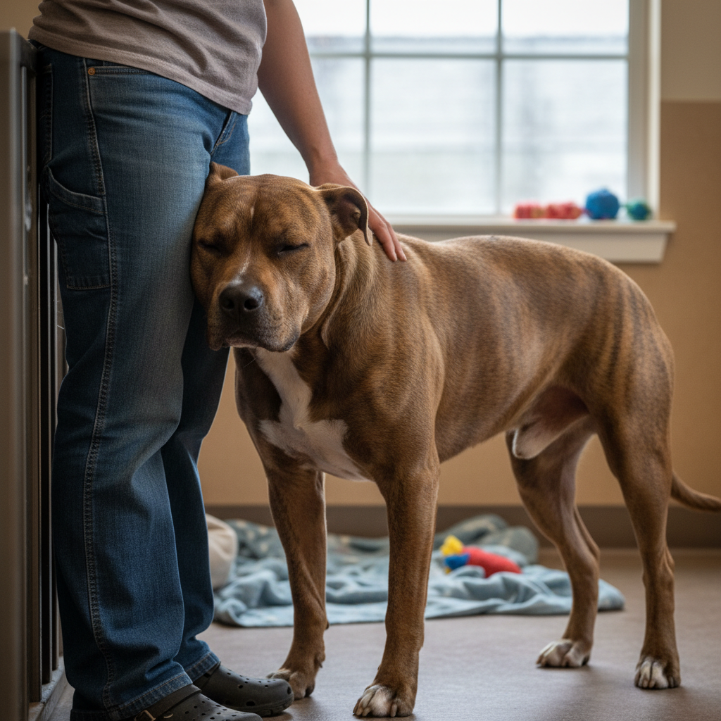 Pit bull mix leaning its full weight trustingly against a volunteer's leg, eyes half-closed in relief