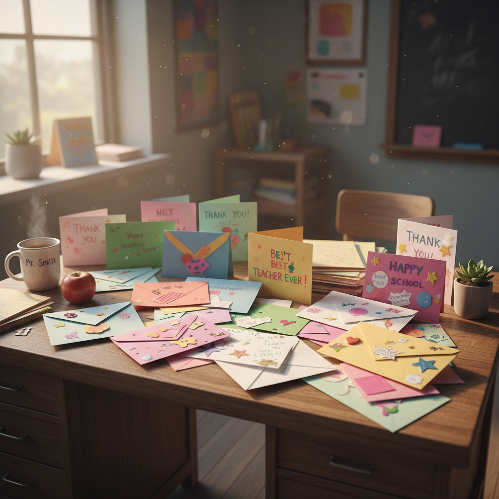 Teacher desk covered in hand-decorated colorful envelopes and cards