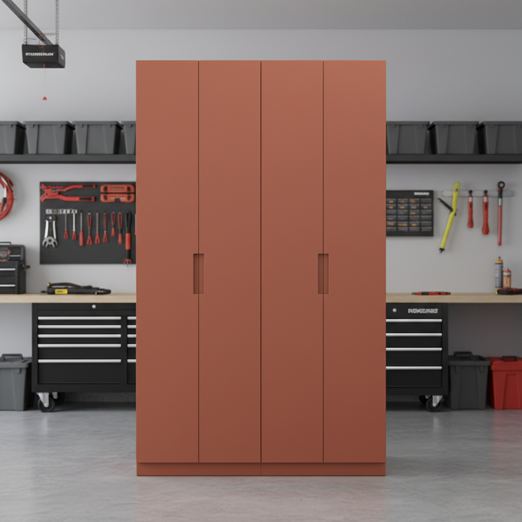 Tall floor-to-ceiling storage cabinet in terracotta red finish standing in organized garage