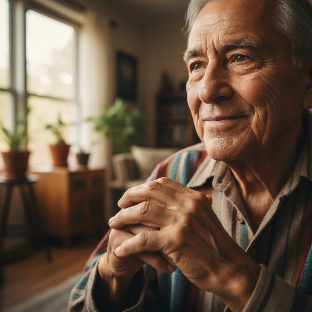Portrait of an elderly Mexican American man with weathered hands clasped together, warm expressive eyes, seated indoors