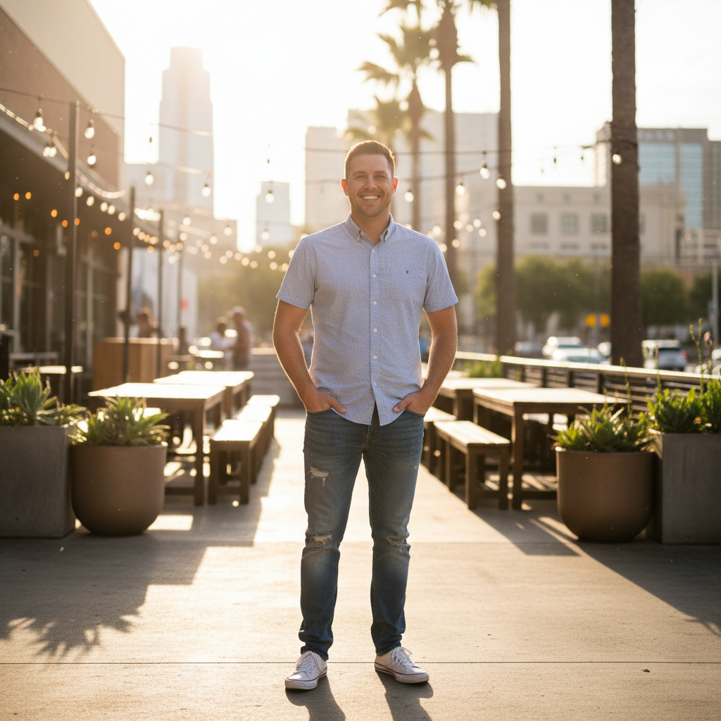 Man with a warm smile in outdoor summer setting