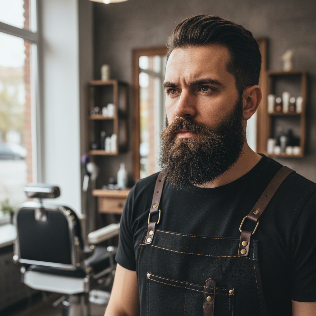Portrait of Marcus Webb, master barber and owner, professional black apron, confident direct gaze, dark studio background