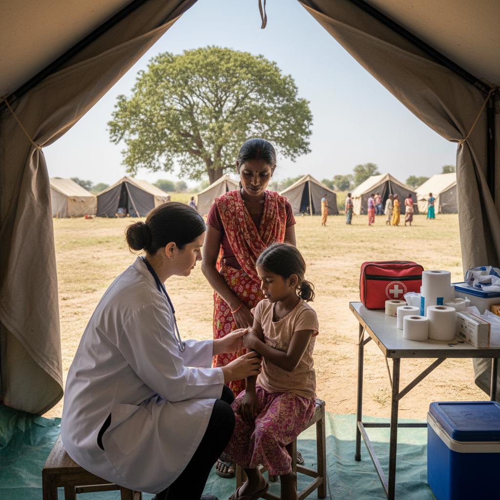 Doctor in white coat examining a child patient at a rural medical camp, warm natural light