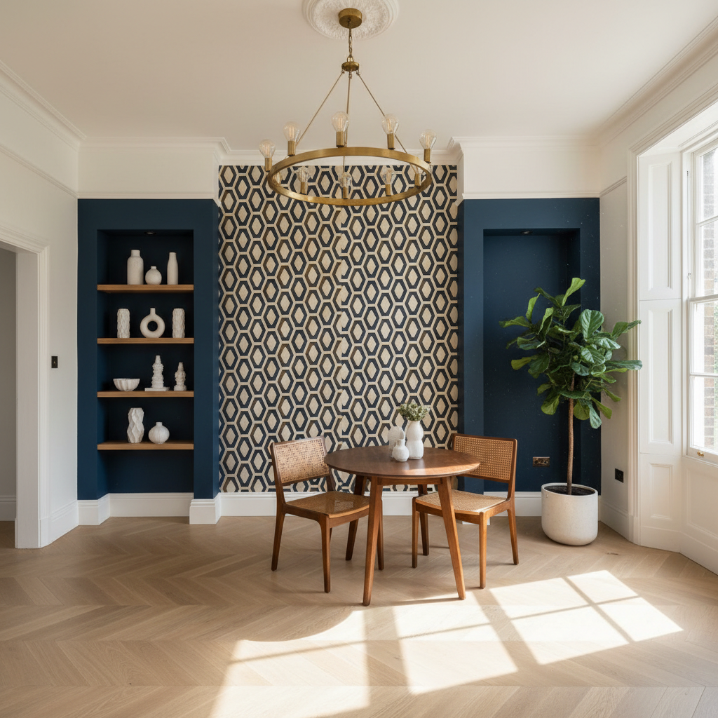 Newly wallpapered dining room with geometric pattern feature wall and painted alcoves