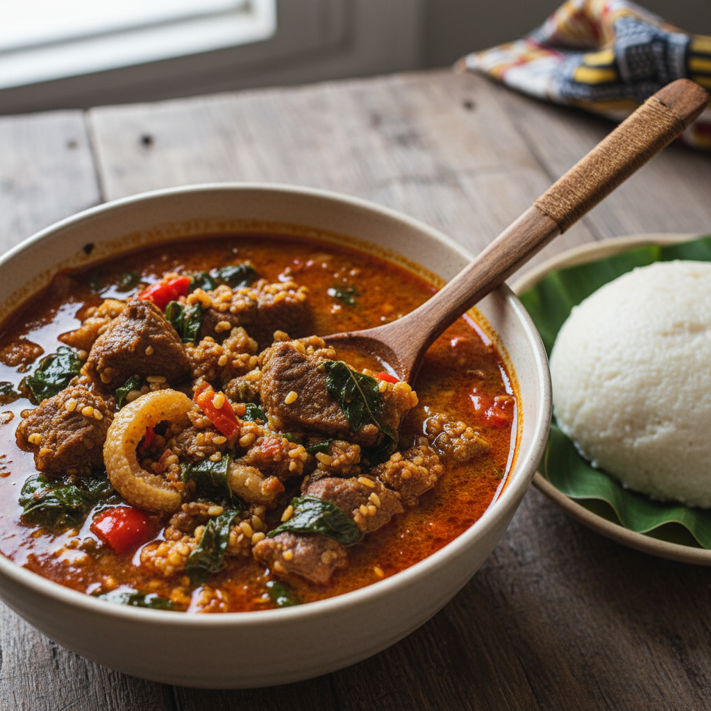 Bowl of egusi soup with assorted meat