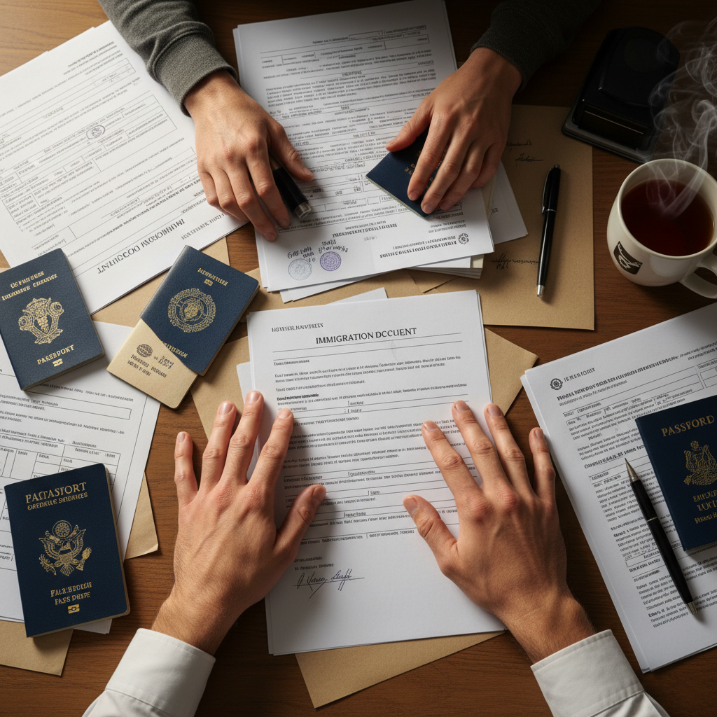 Hands resting on a table covered with immigration documents and paperwork, warm overhead light