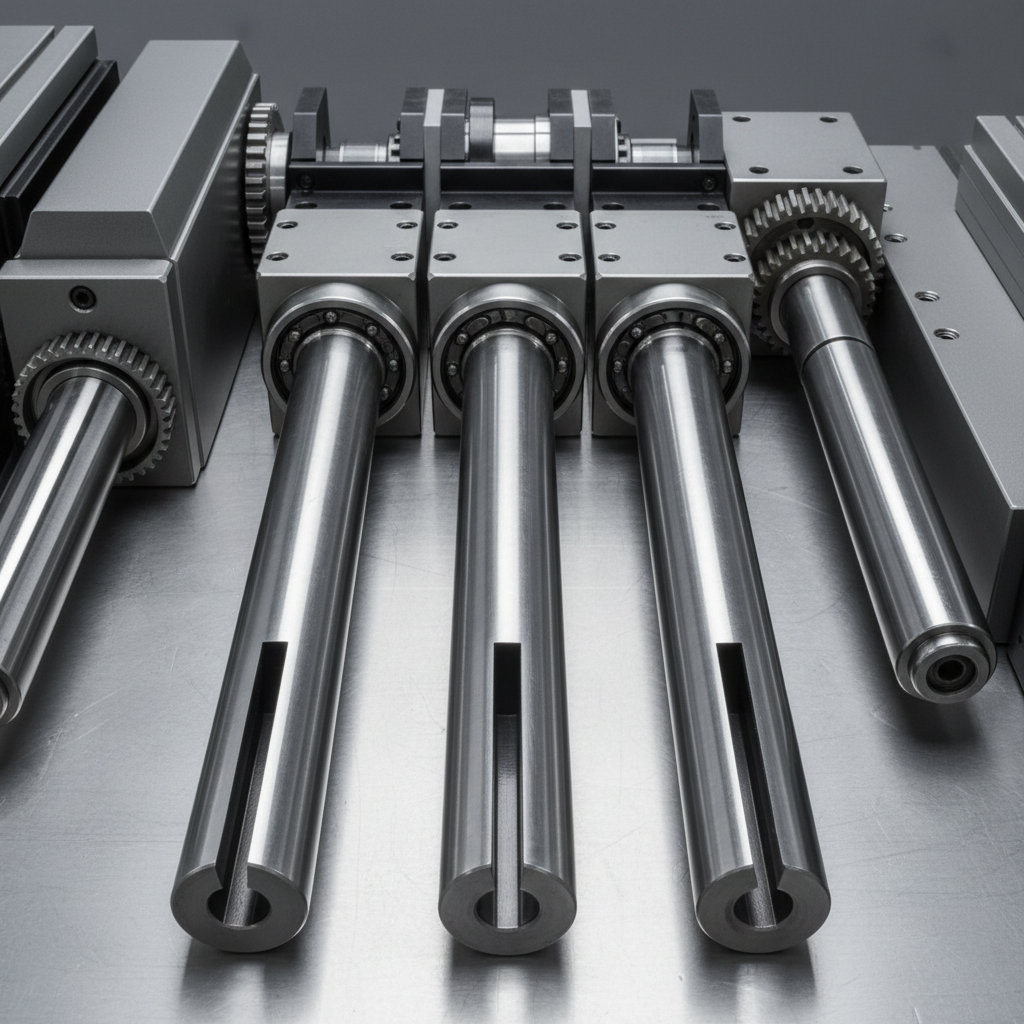 Precision steel shaft with mirror-polished hard chrome plating surface, dark industrial background, metallic reflection