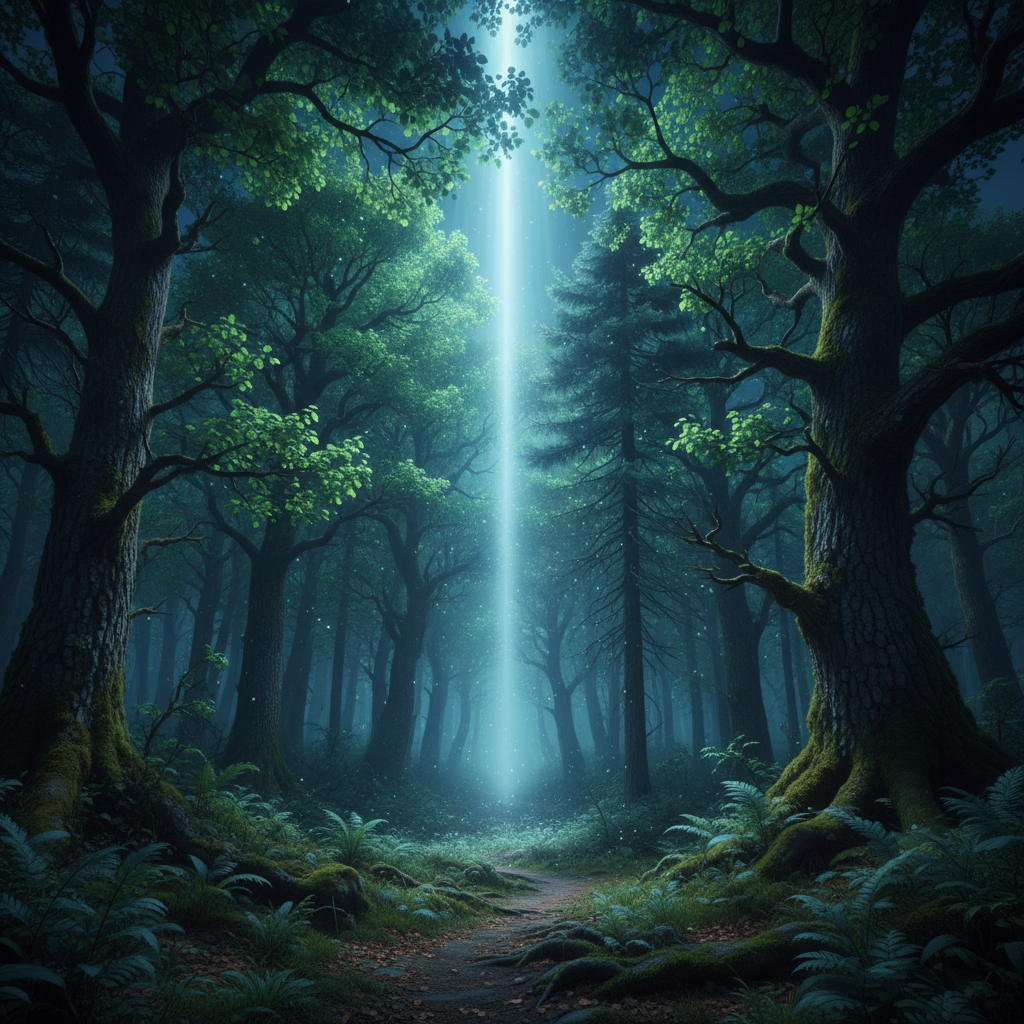 Dense dark forest at night with mysterious light beam visible through tree canopy