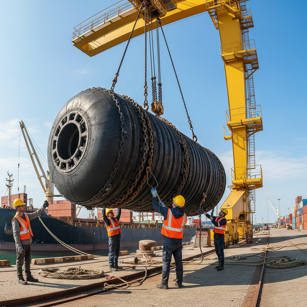 Industrial workers in safety gear installing large marine fender on dock with crane