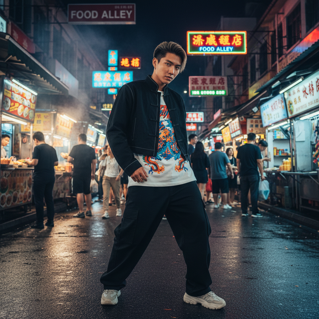 Streetwear editorial: cropped mandarin collar jacket layered over a graphic tee, shot in a Singapore night market with neon signs