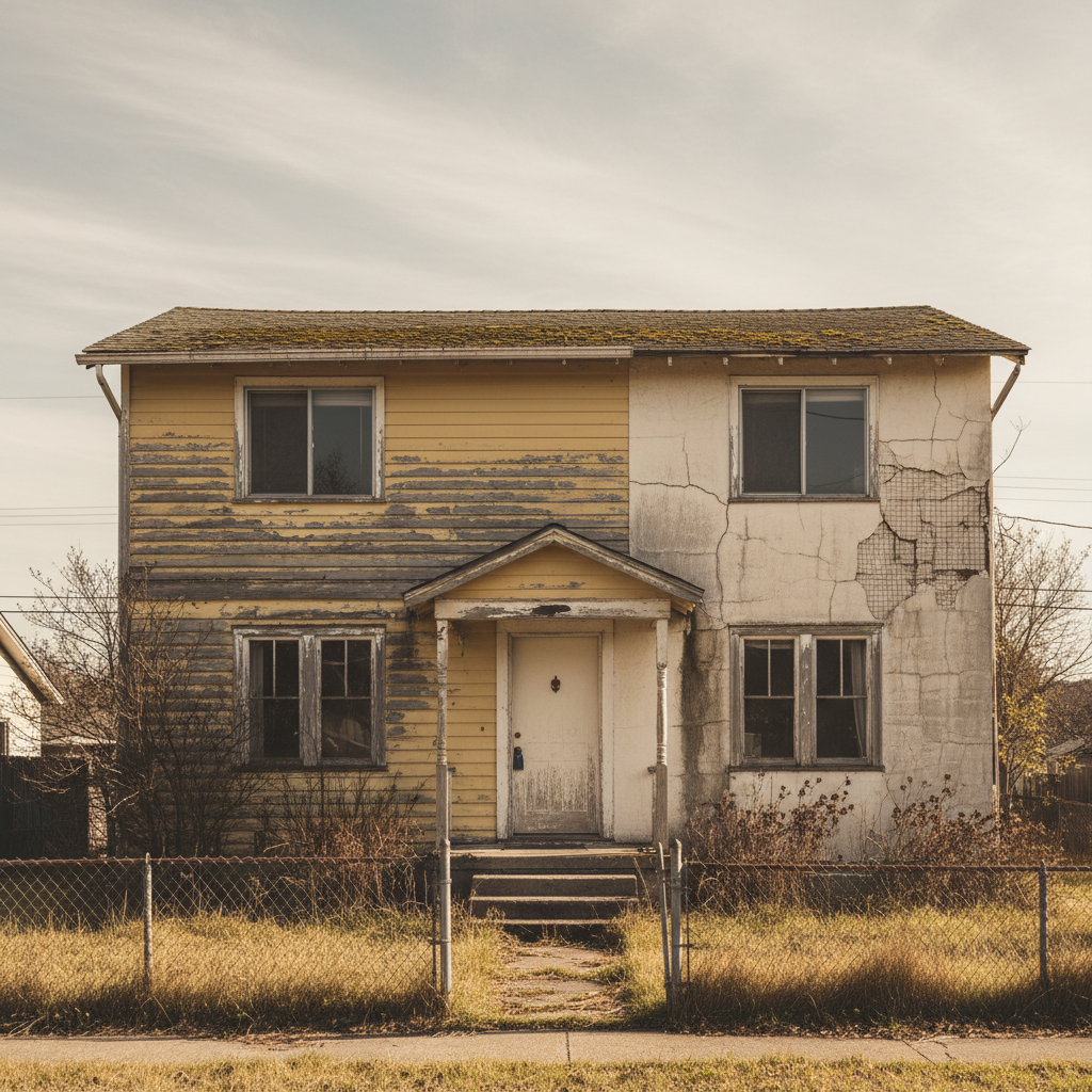 Dated residential home exterior with faded paint, cracked stucco, and aging trim in Villa Park California