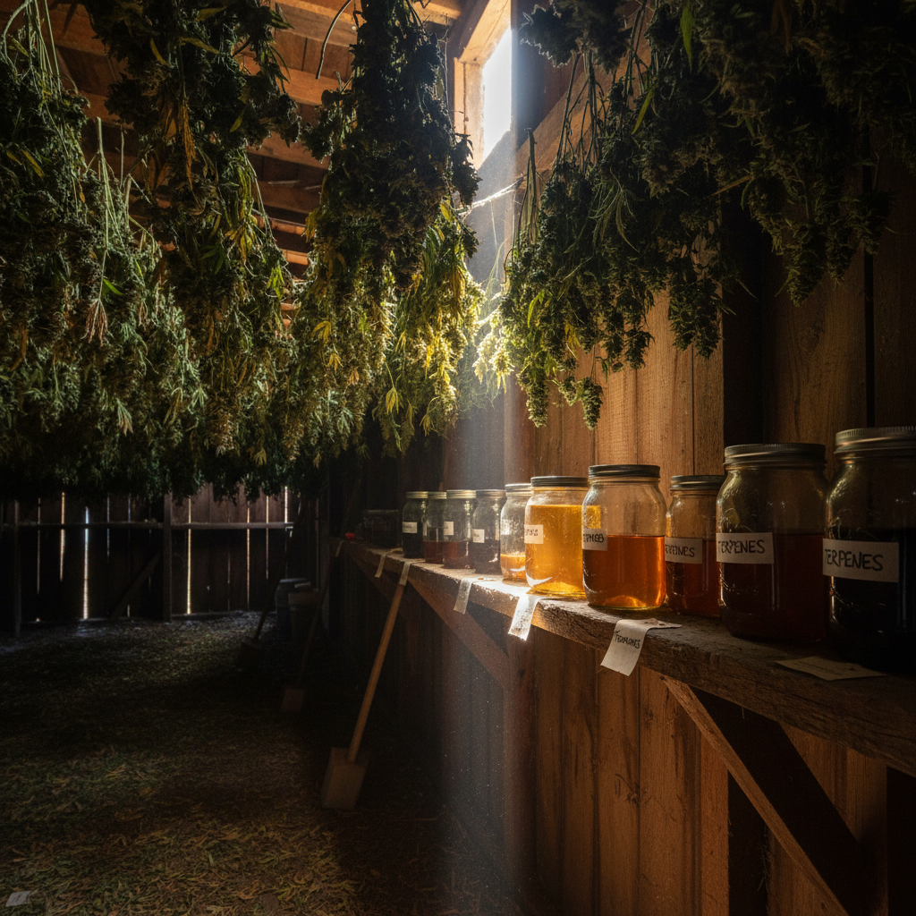 Mushroom farm interior with rows of substrate bags, dark misty greenhouse atmosphere, deep shadows and green ambient light