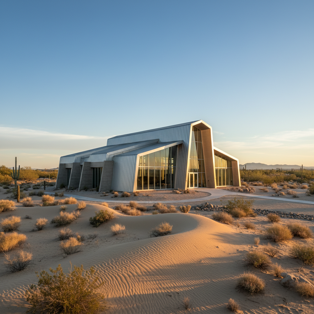 A modern church building exterior in warm afternoon light surrounded by desert landscape