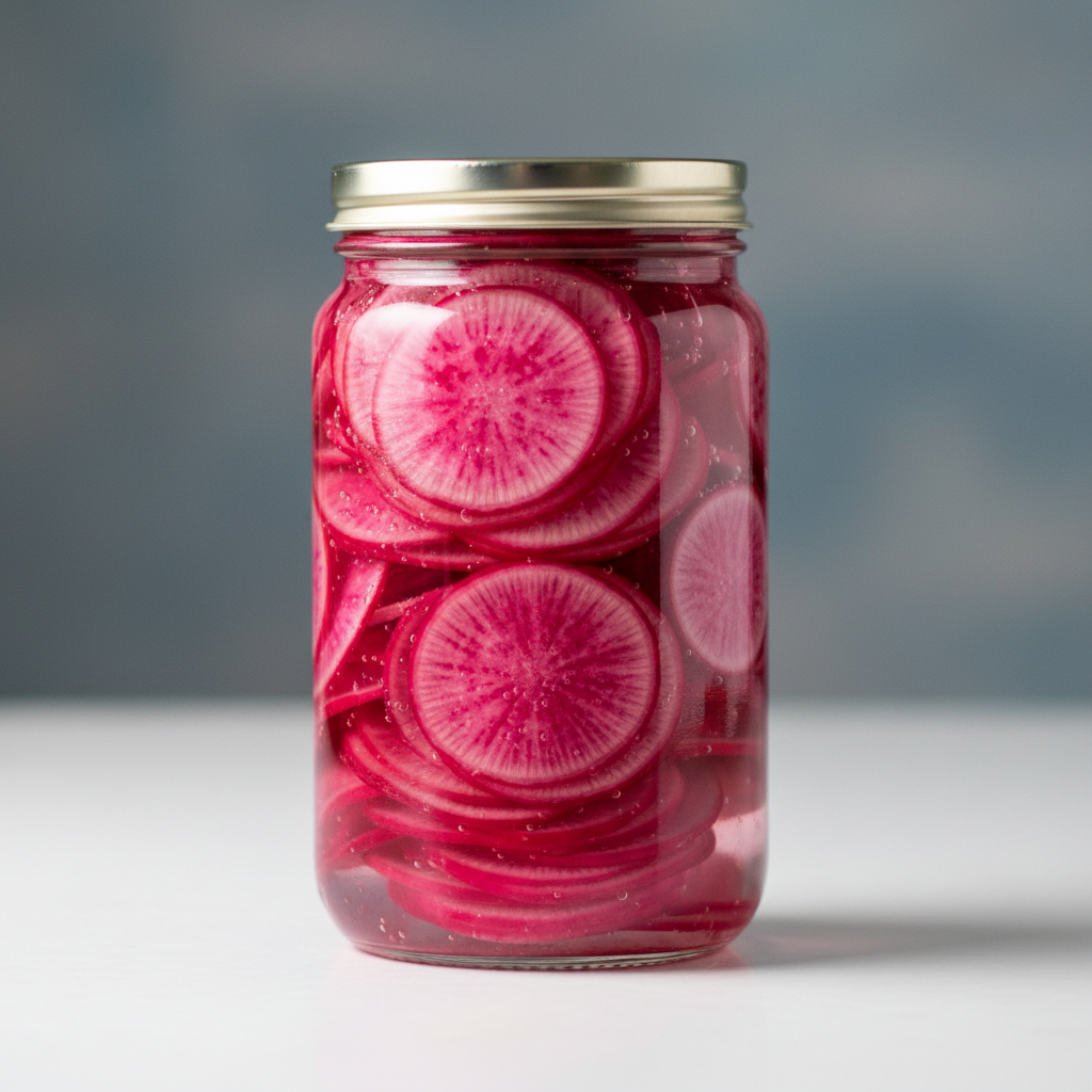 Jewel-bright pickled radish slices in vivid pink and purple arranged in a glass jar with brine
