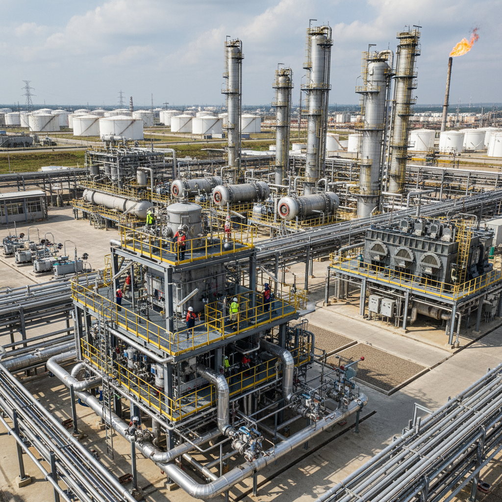 Industrial chemical plant with large storage tanks and pipelines processing sulphur compounds