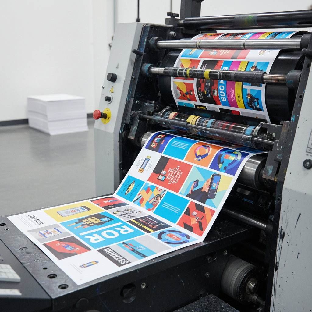 Modern digital printing press producing colorful marketing brochures with sharp text and images