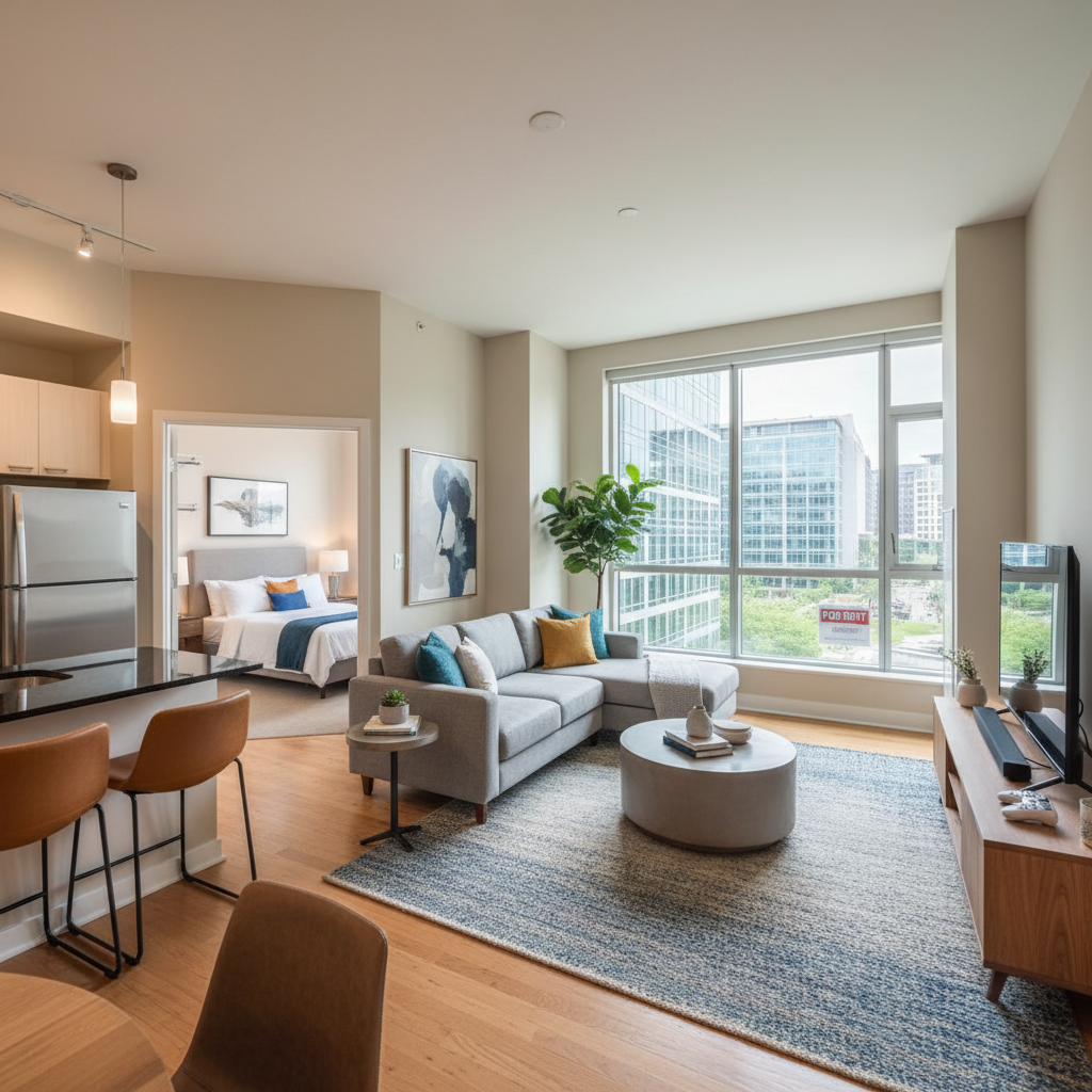 Modern apartment living room with city view in Seoul