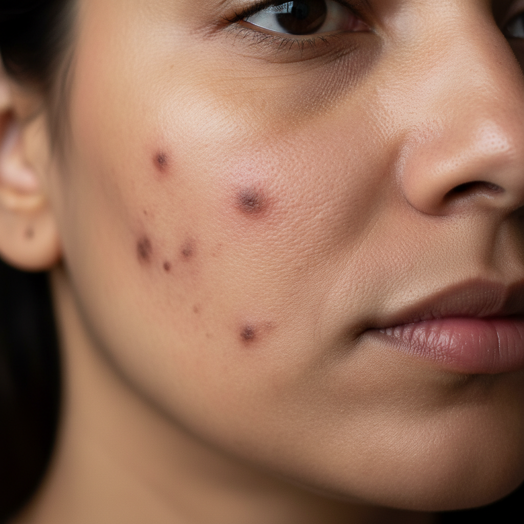 Face with post-acne hyperpigmentation and scarring in clinical overhead lighting