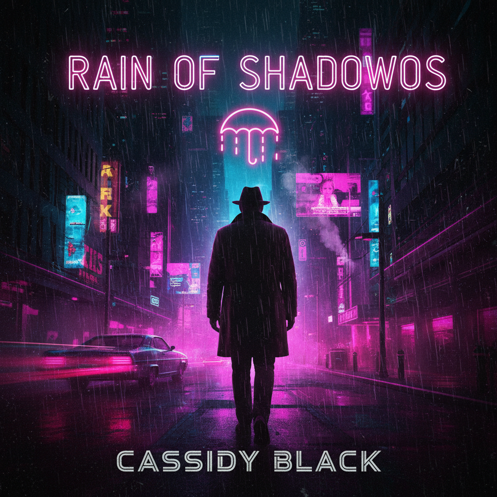 Dark thriller cover with city lights in rain, noir atmosphere, moody blue tones