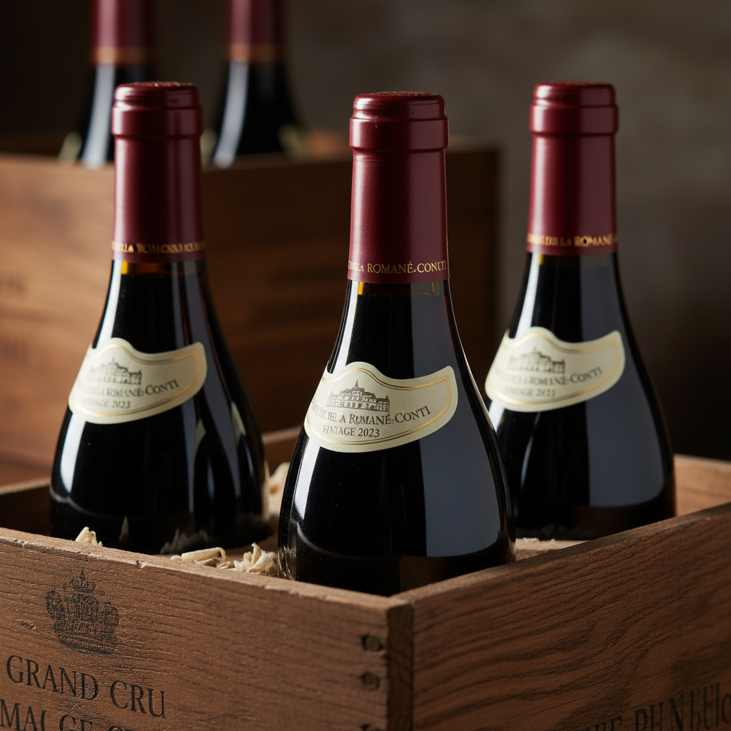 Close-up of fine Burgundy wine bottles with intact foil capsules and pristine labels in wooden transport crates