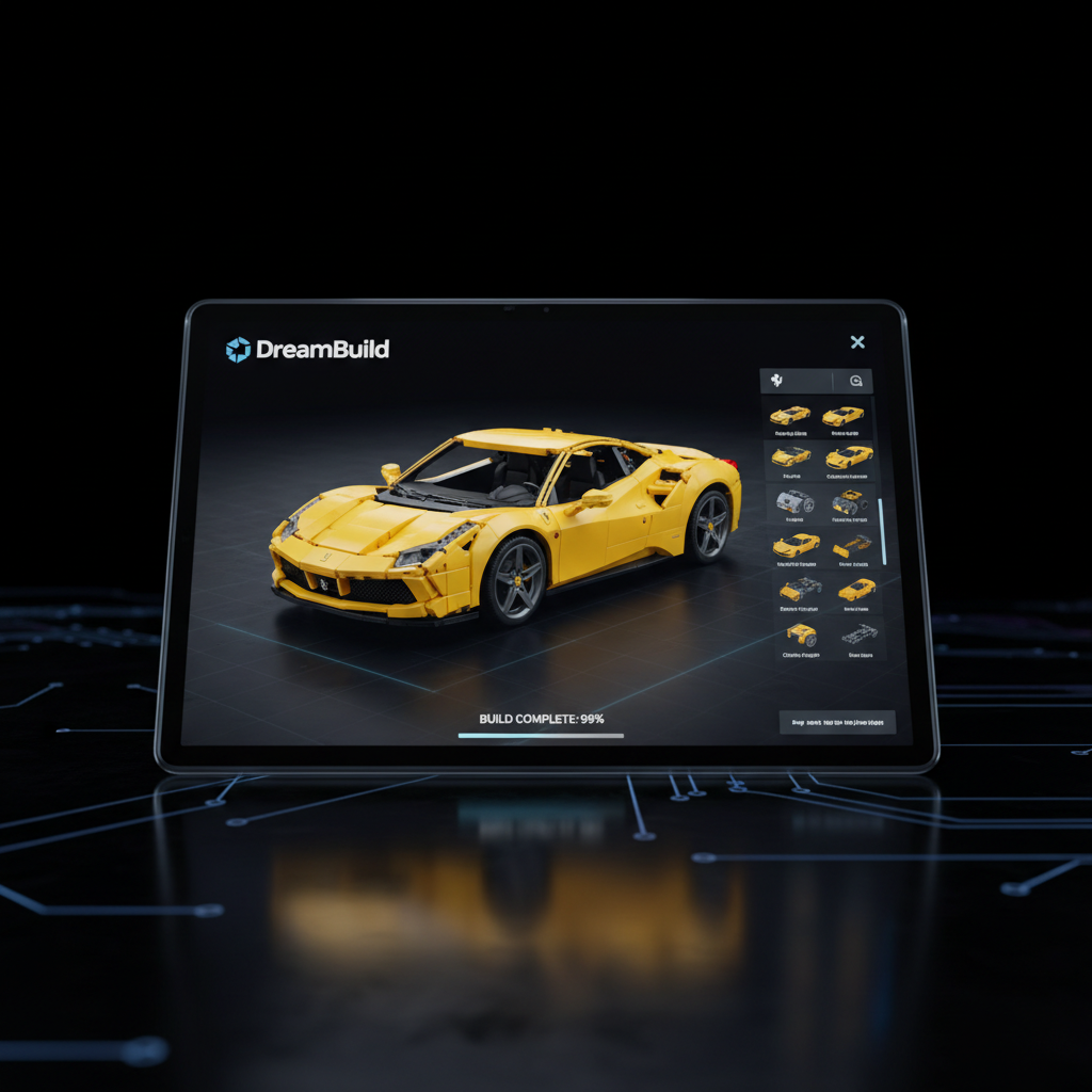 Second DreamBuild app screen showing a yellow Ferrari build with parts catalog