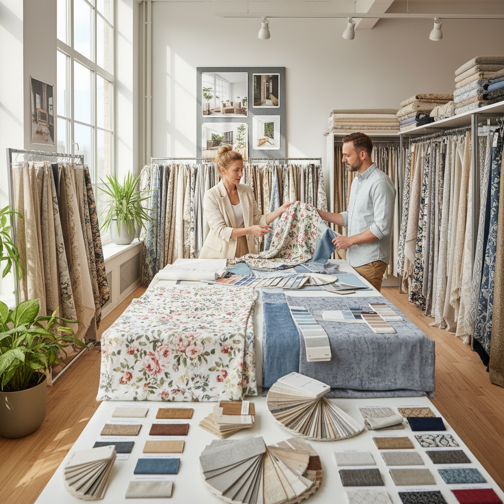 Fabric selection consultation showcasing extensive curtain material samples, color palettes, and texture options with expert designer providing personalized guidance