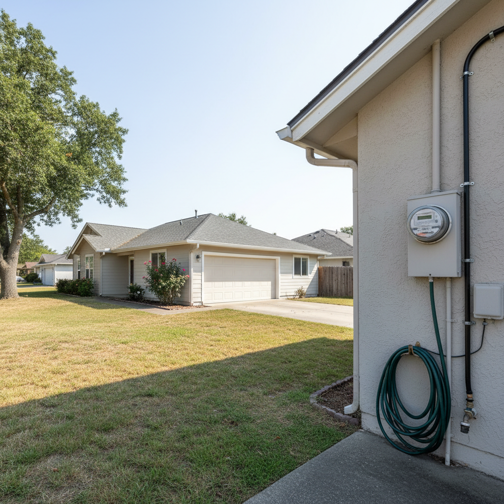 Suburban home with bare roof, visible electric meter, and coiled garden hose — before solar installation at 2847 Maple Grove Drive