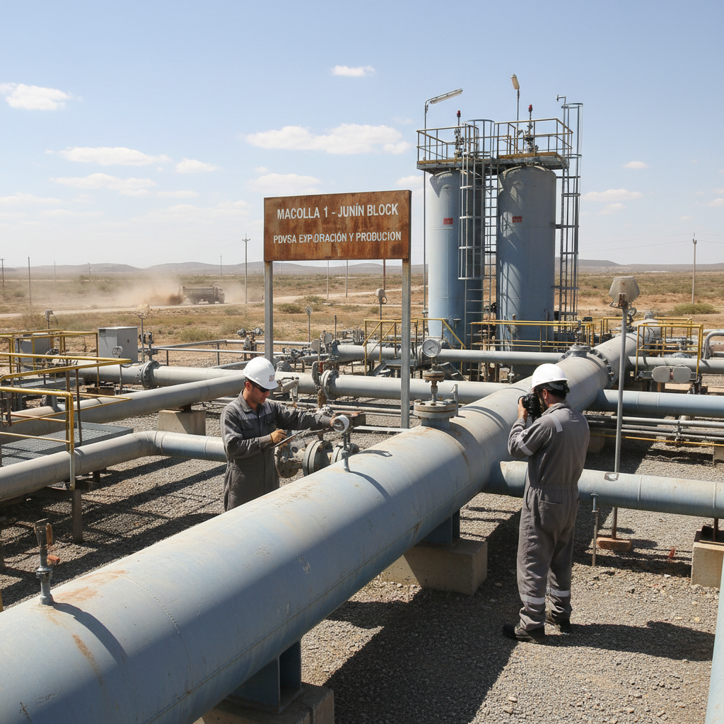 Oil and gas field workers in safety gear performing equipment inspection under bright industrial lighting in a well-lit facility
