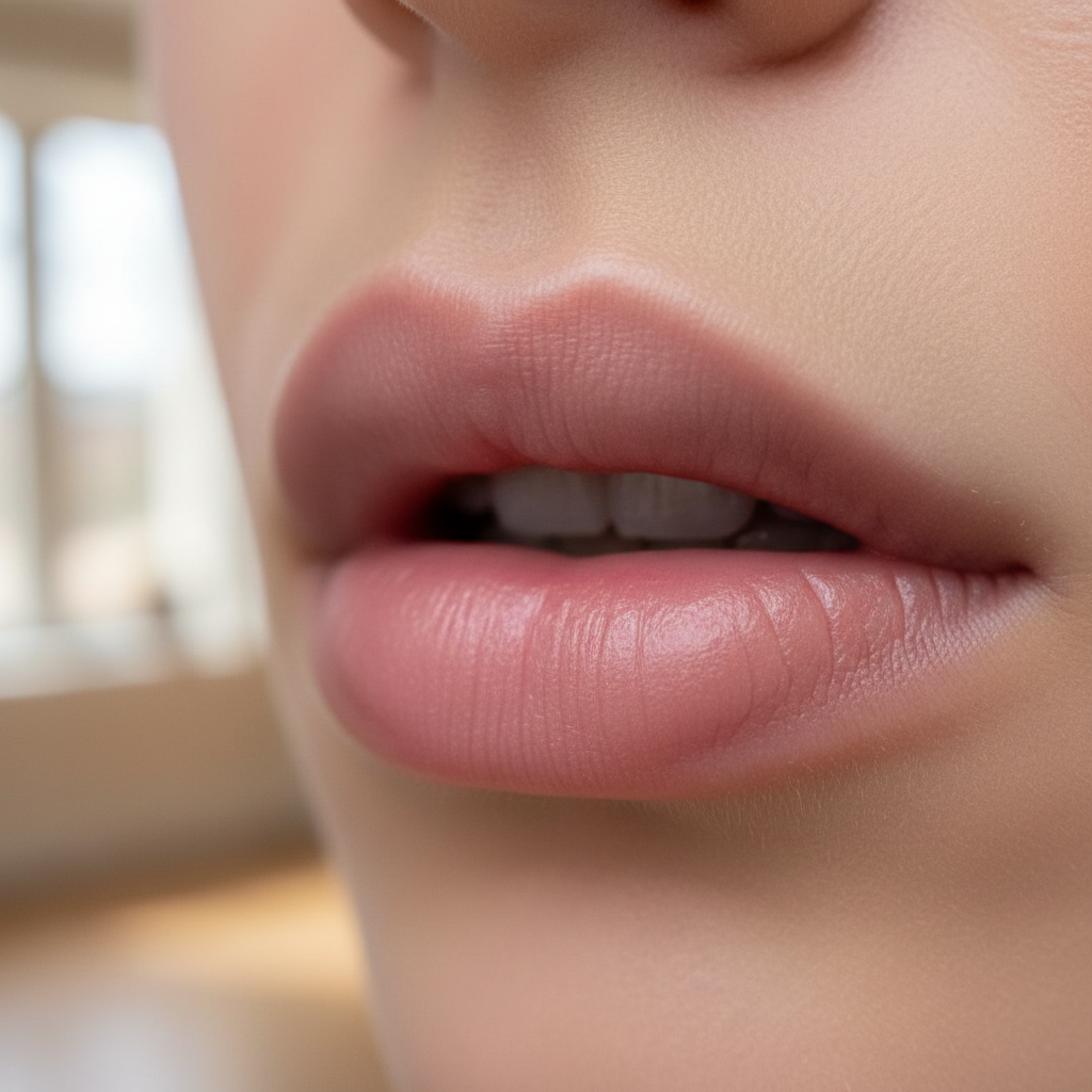 Close-up of defined lips with Russian lips technique showing natural height and cupid bow definition