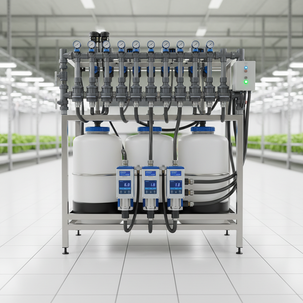 Commercial fertigation system with irrigation manifolds and automated dosing equipment in grow facility