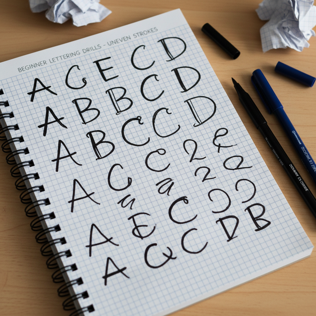 Beginner lettering practice sheets with uneven strokes and basic felt tip pens