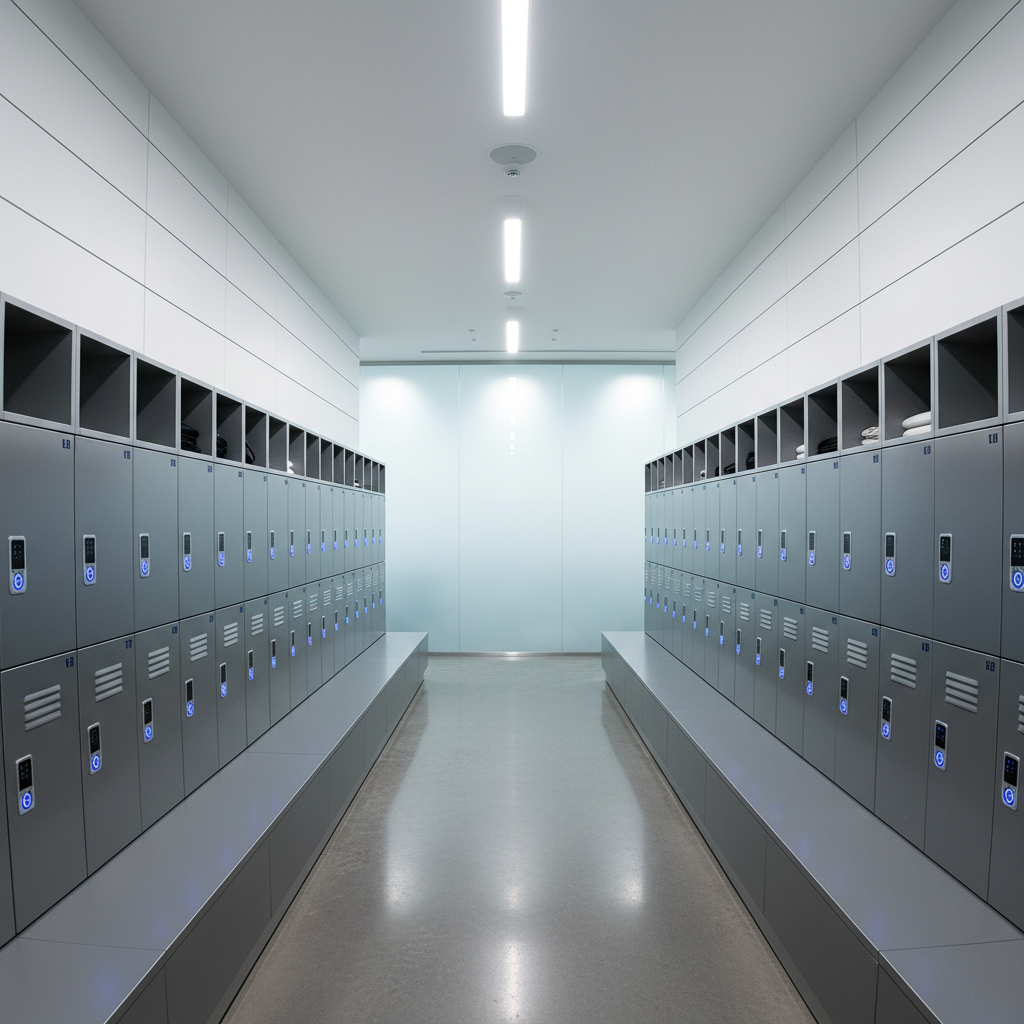 Clean modern locker room with wooden lockers, bench seating, bright lighting, tiled floor and walls