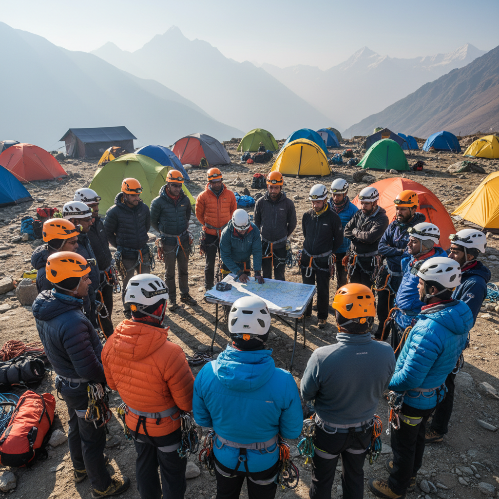 Team of local Himalayan guides with safety equipment gathered for briefing in Mussoorie base