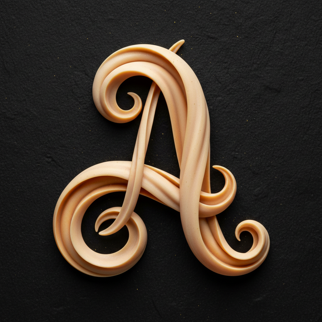 Custom display typeface letterform detail in warm cream on black