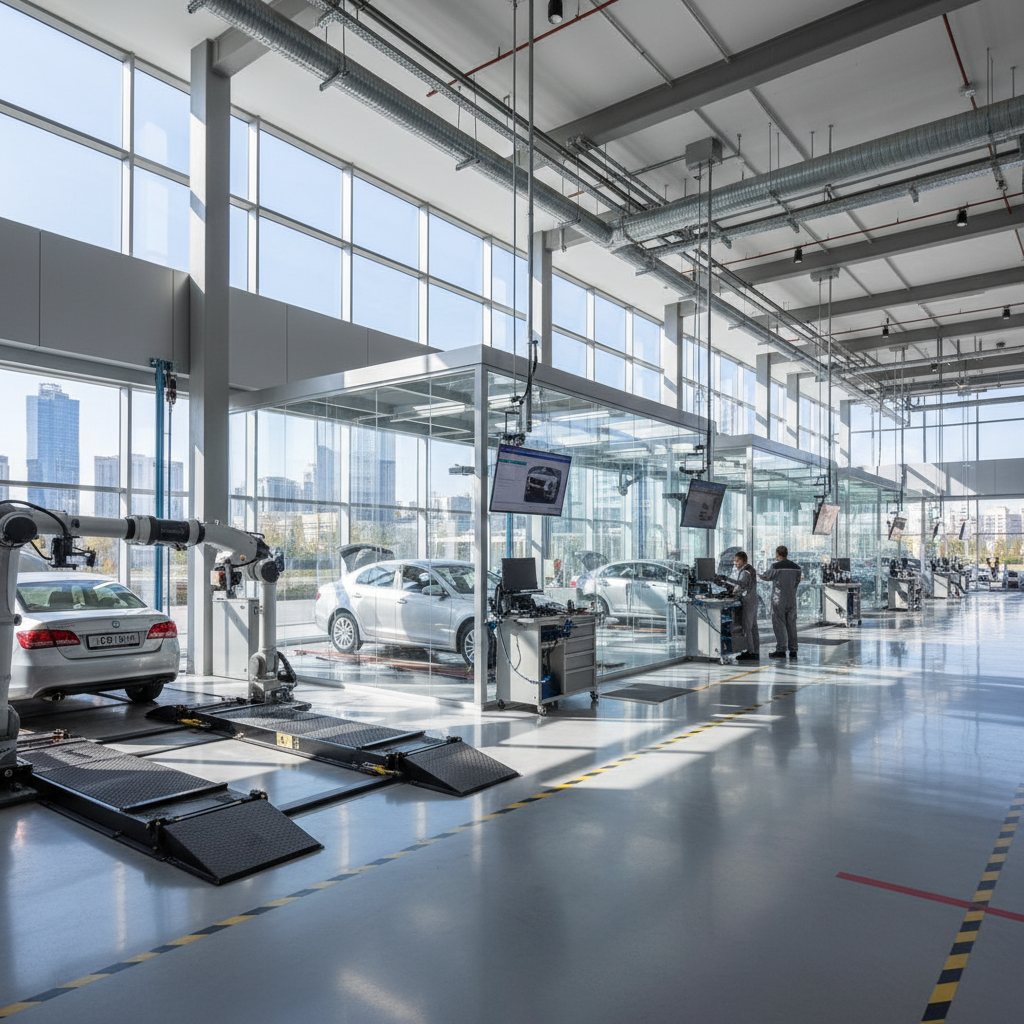 Car inspection at dealership, bright showroom, professional checking vehicle details, clean environment