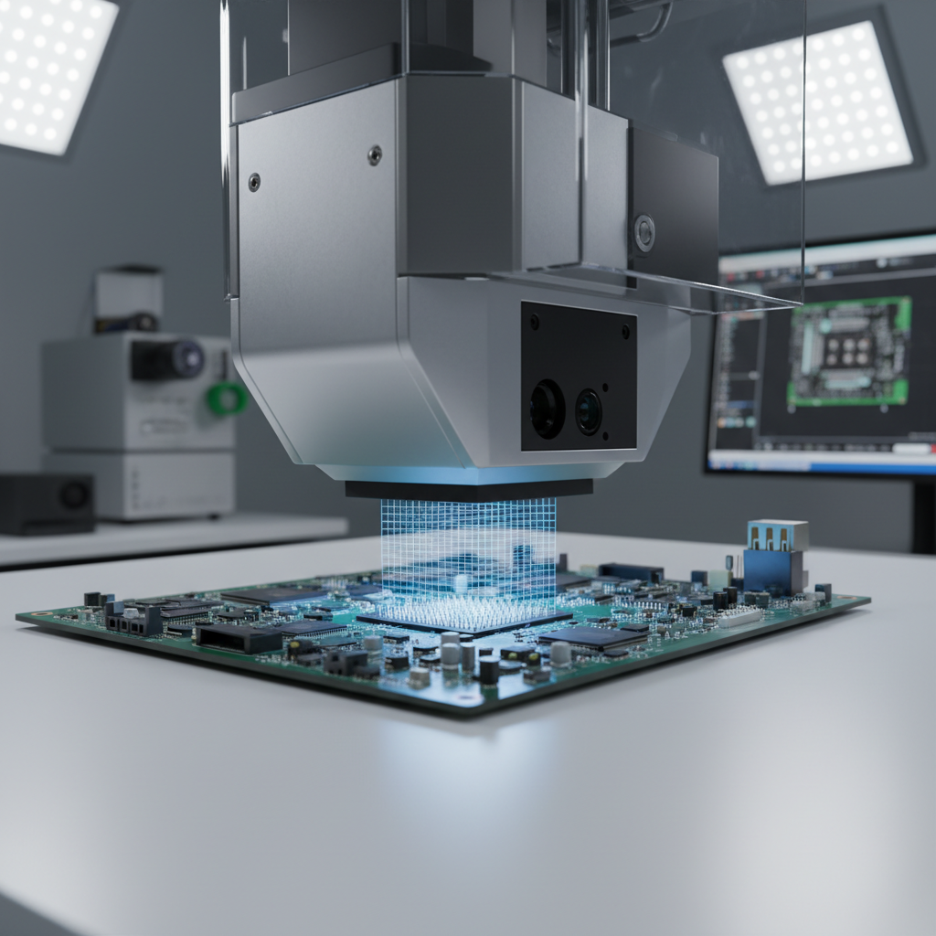 Automated optical inspection machine scanning PCB for solder defects
