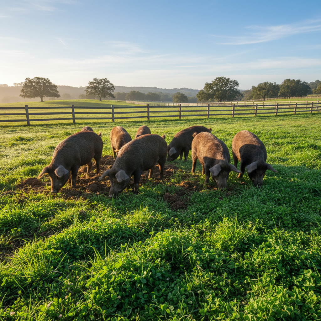 Heritage hogs rooting through green pasture paddocks on a bright morning with a wooden fence line in the background