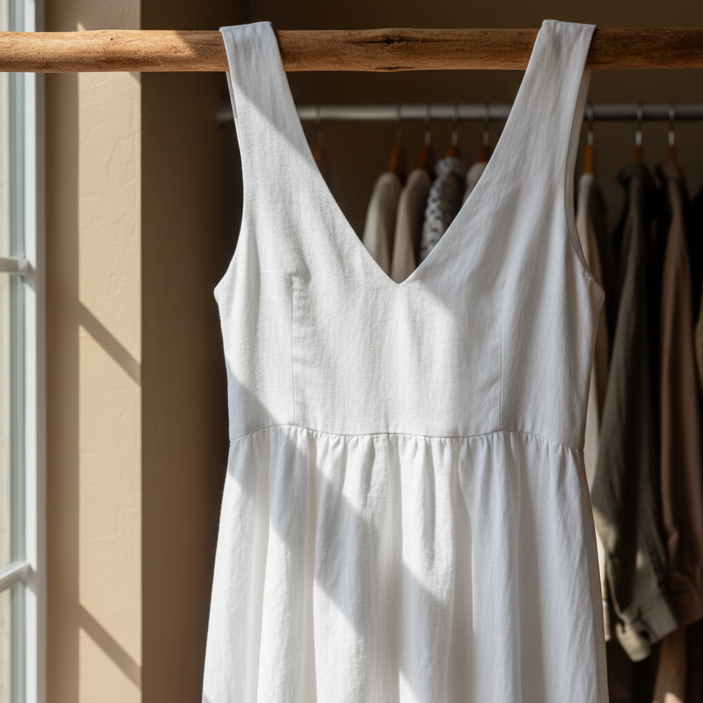 White linen sundress hanging on a cedar closet rod in natural light