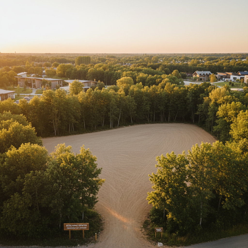 Bright aerial view of a flat residential building lot surrounded by green trees and neighboring homes on a sunny day