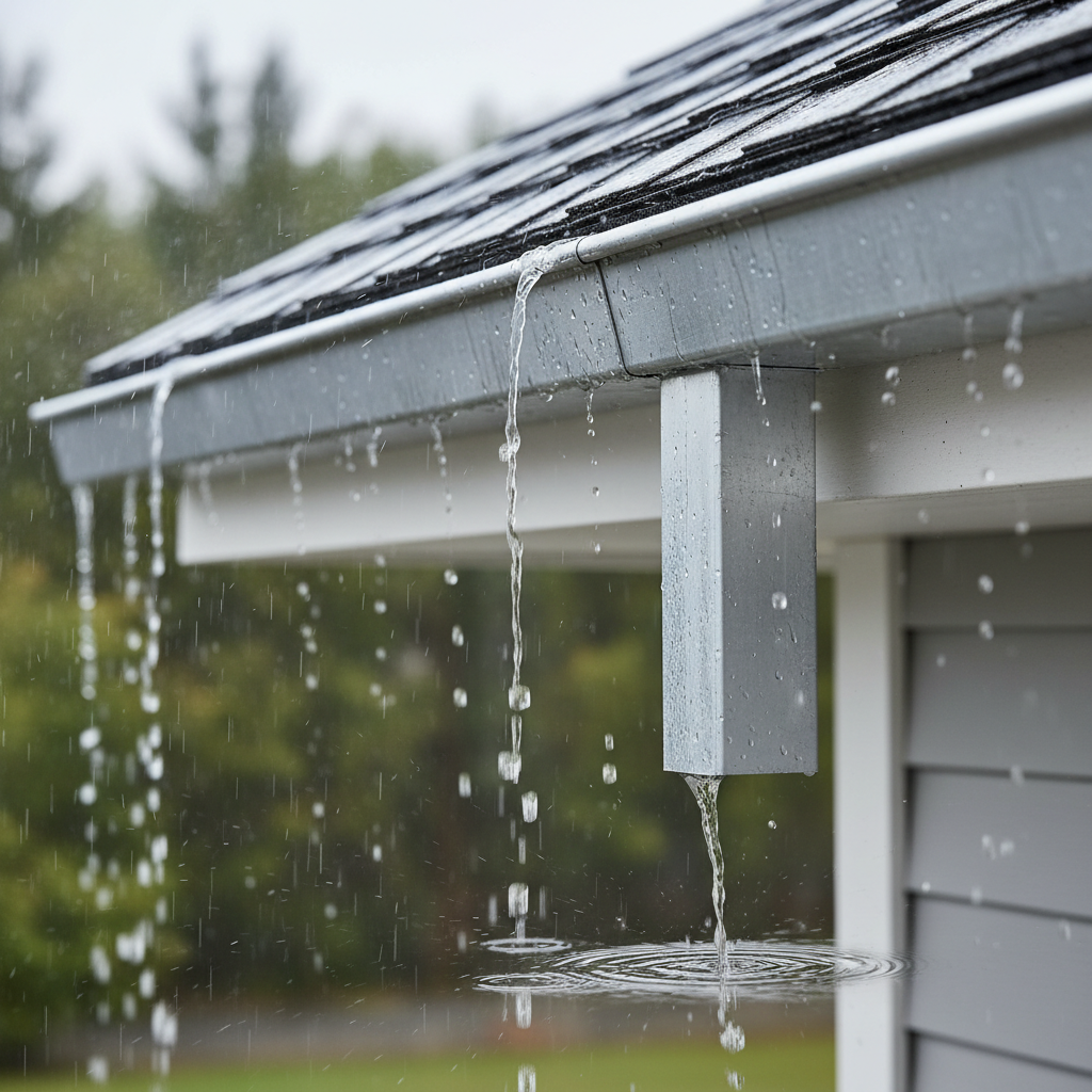 Close-up of residential aluminum seamless gutters installed along the roofline of a house, clean fascia board