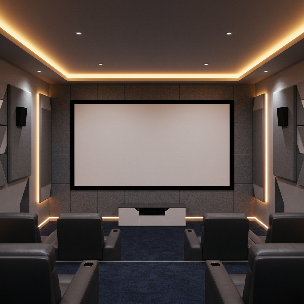 Home cinema room with dark walls, dramatic low lighting, and premium audio-visual equipment