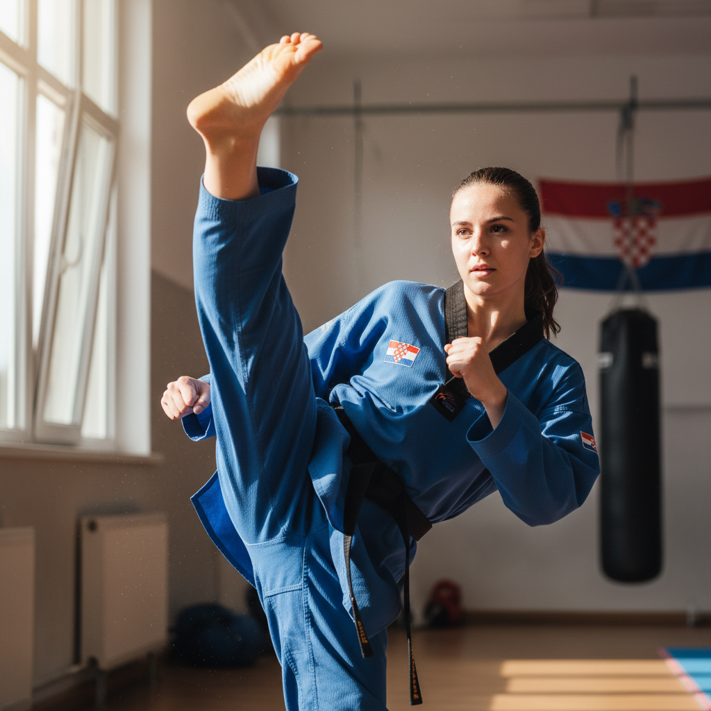 Young Croatian woman in blue taekwondo uniform executing powerful high kick with confidence and strength