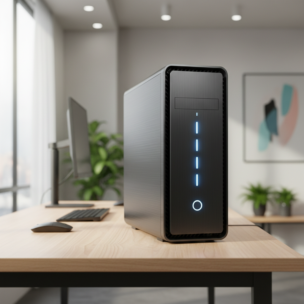 Modern compact desktop computer tower on clean white surface in bright office environment