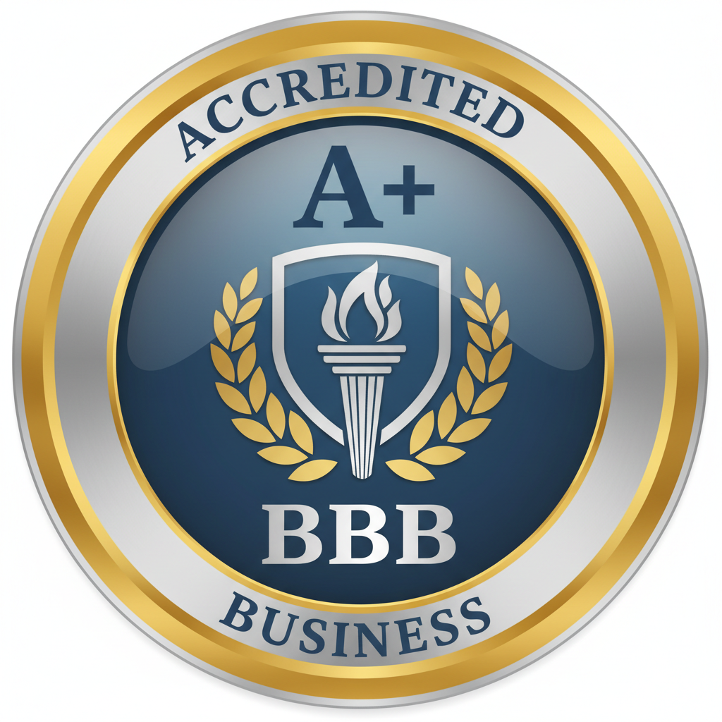 BBB A+ rating seal with torch emblem representing business excellence and consumer trust