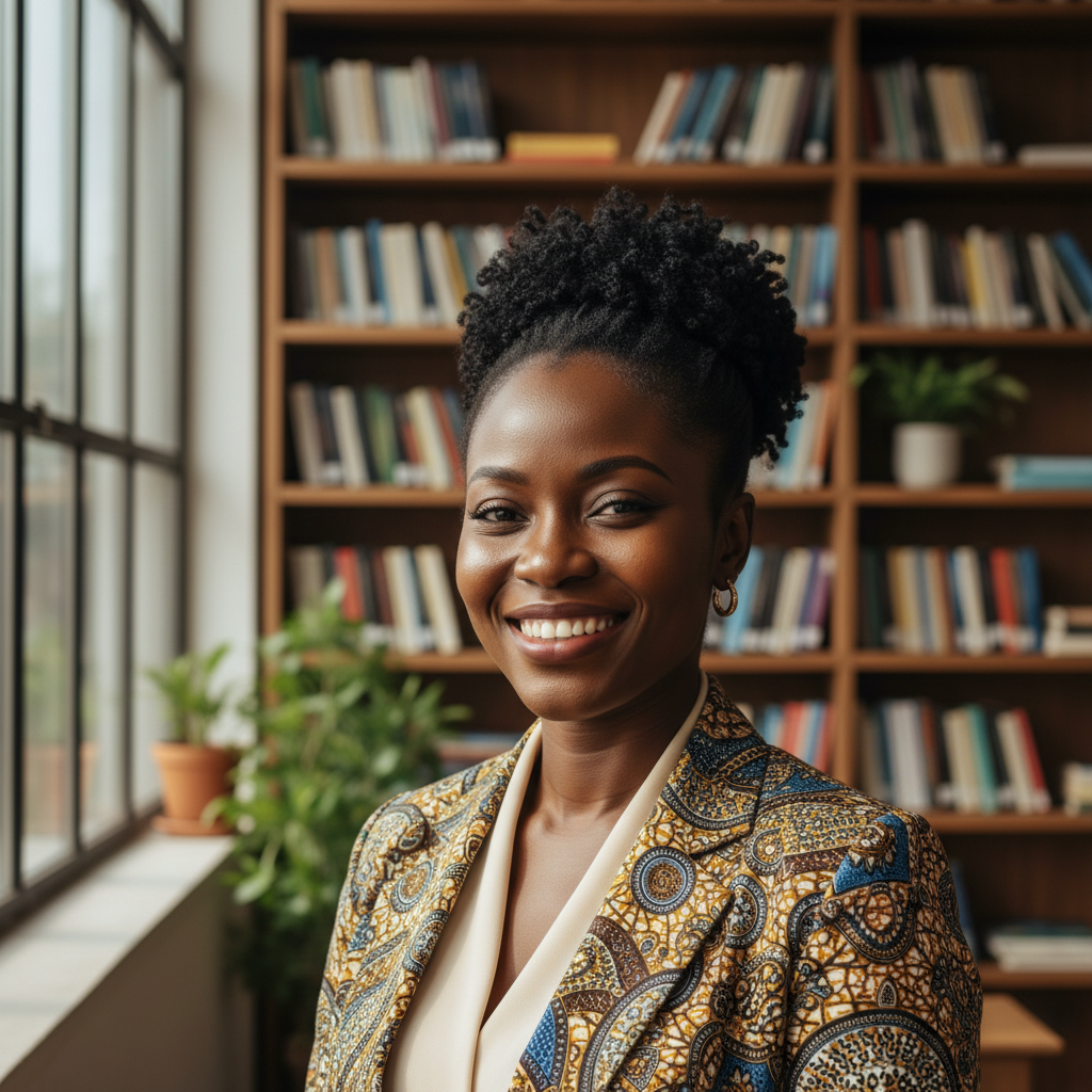 Confident Ghanaian woman author smiling in a sunlit library with bookshelves behind her