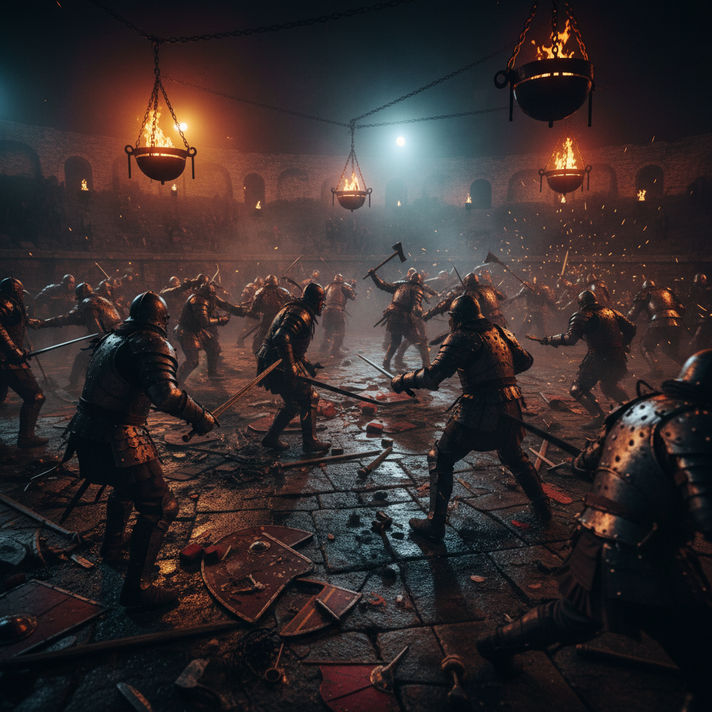 Dark gaming arena with dramatic atmospheric lighting, deep shadows, moody dark environment