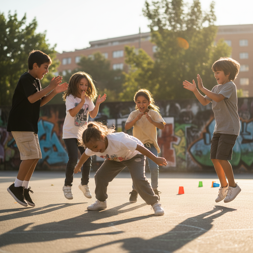 Kids mid-freestyle battle in a tight circle, one girl doing a shoulder roll while others cheer
